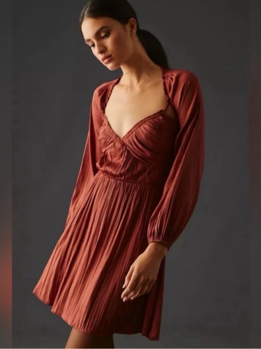 Anthropologie Burnt Orange Shirred Cutout Long Sleeve Mini Dress - Small